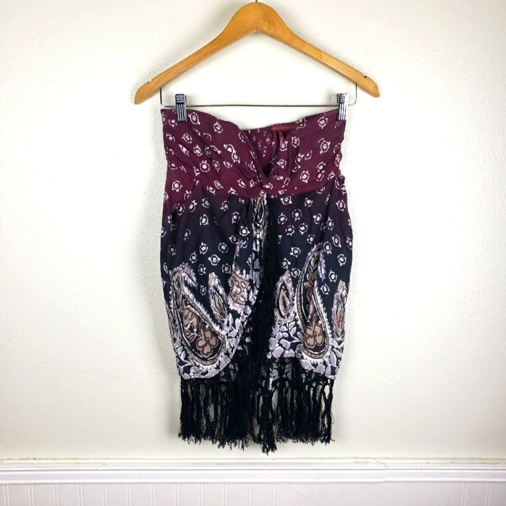 Free People Paisley Fringe Top 0 Burgundy Navy Boho Y2K Rayon Tunic Shirt Beach